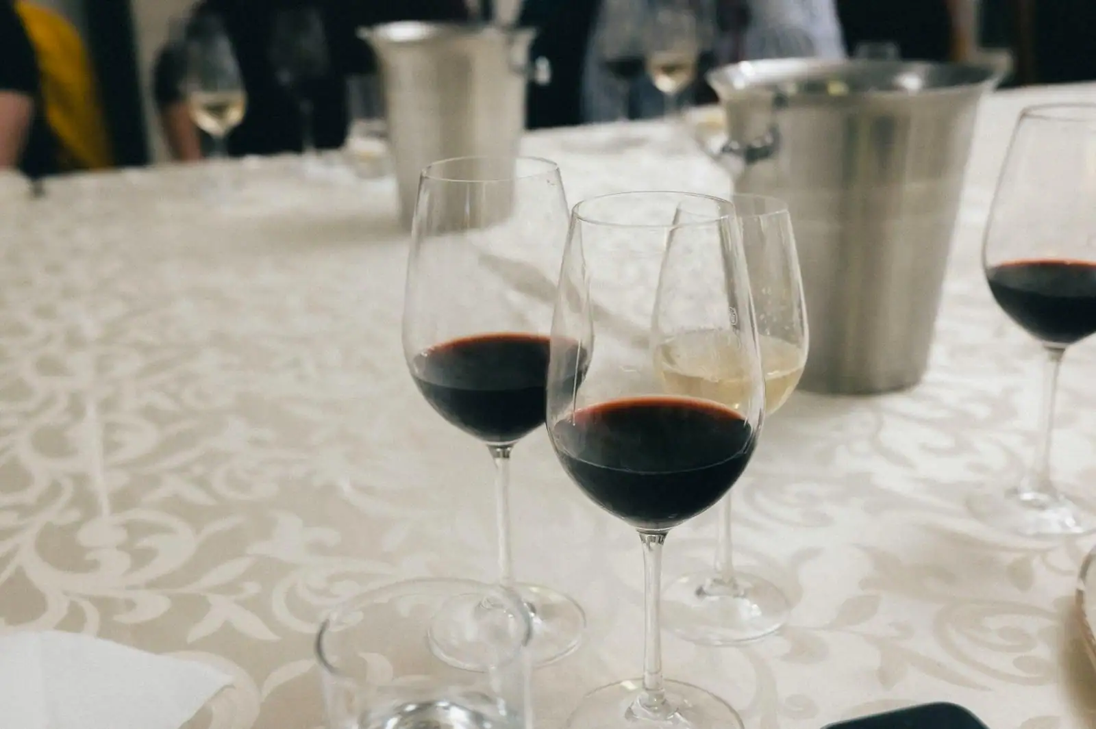 Trois verres à vin alignés sur une table en bois, verre rouge ample, verre blanc plus petit et tulipe à champagne