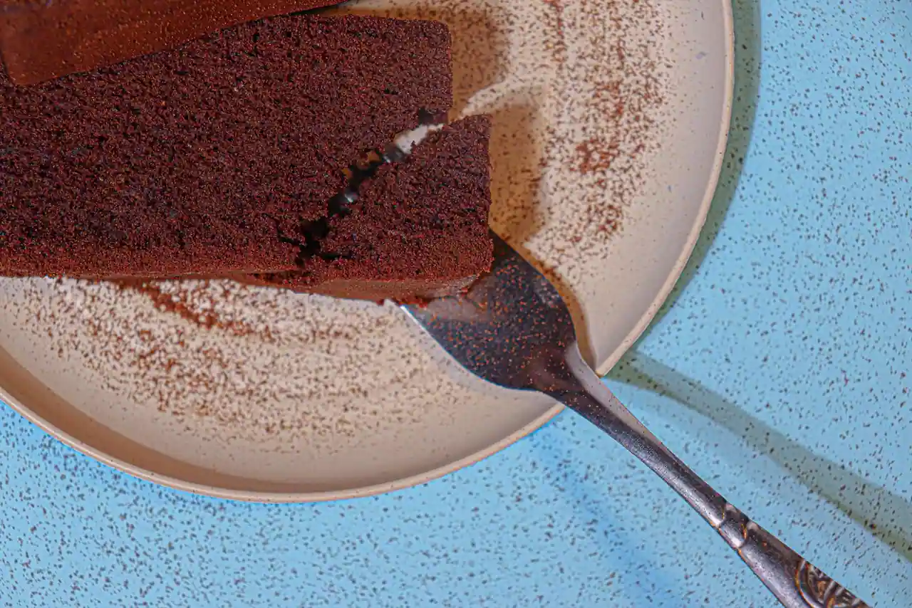 Parts de gâteau au chocolat dense saupoudrées de cacao, servies sur une assiette avec une fourchette