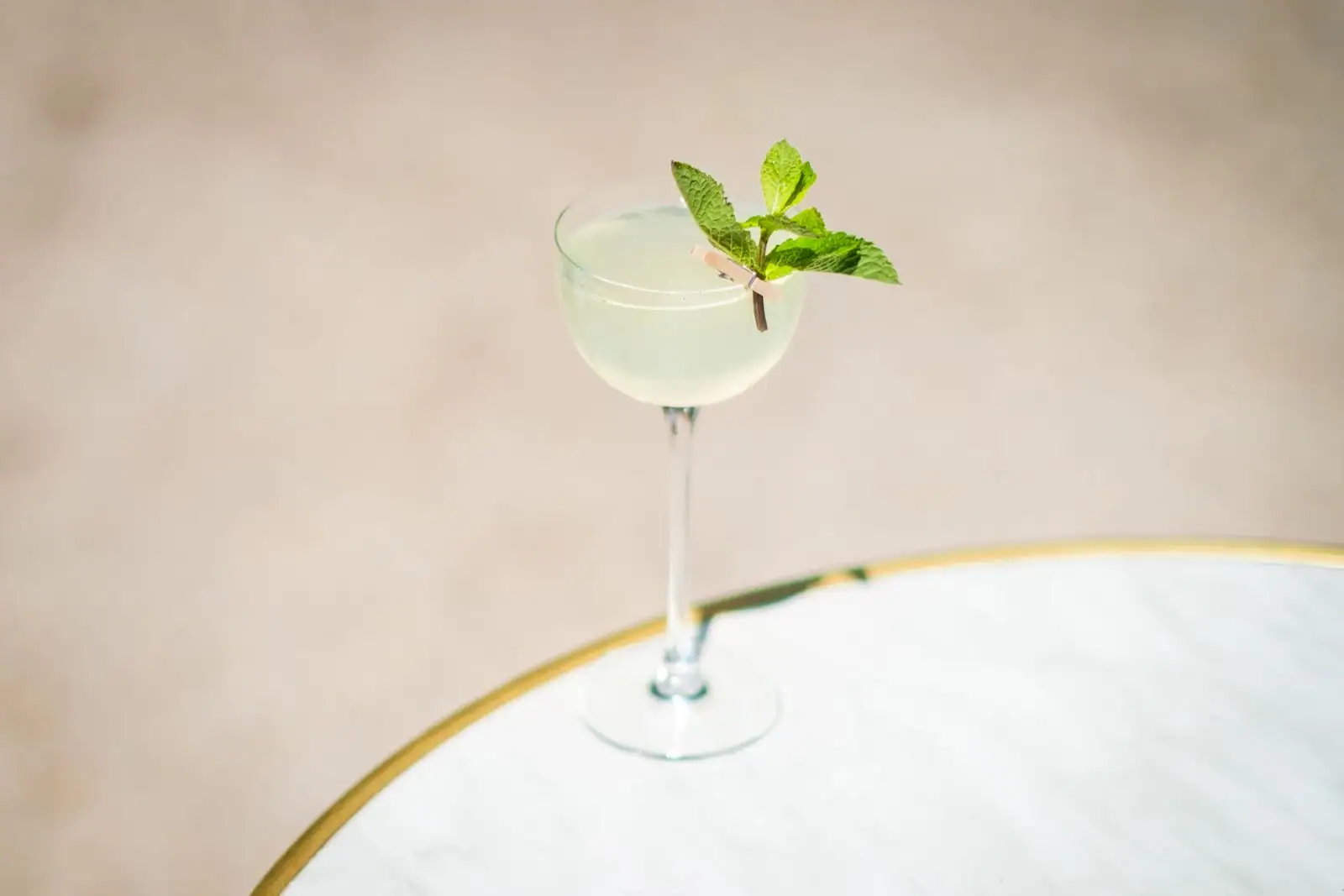 Cocktail Hugo pâle et pétillant servi dans un verre à pied, garni d'une branche de menthe fraîche