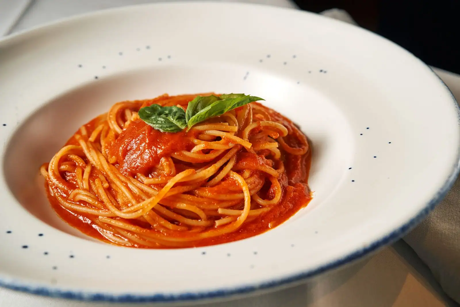 Assiette de spaghettis nappés de sauce tomate à l'italienne, garnie d'une feuille de basilic frais