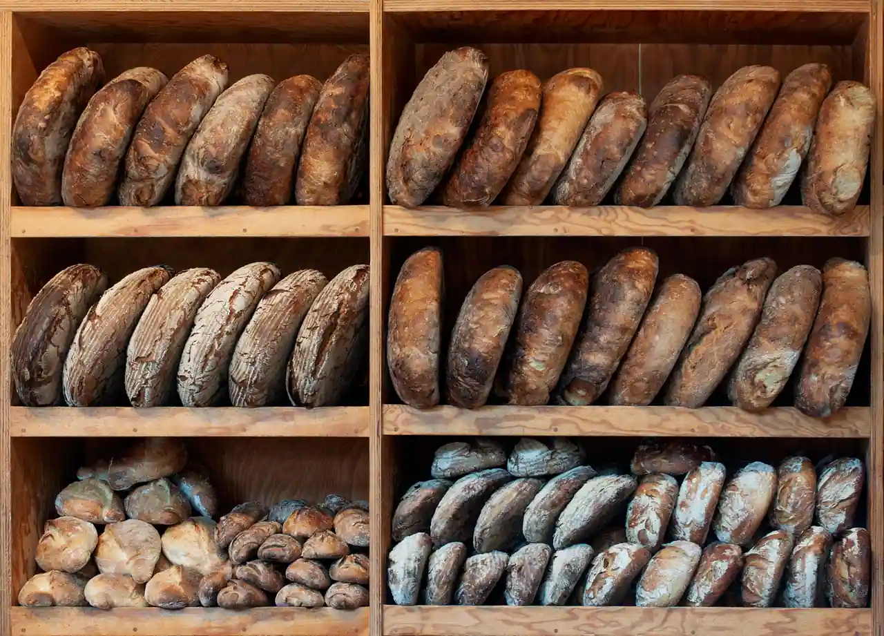 Étagères en bois d'une boulangerie garnies de pains ronds et longs à la croûte foncée.