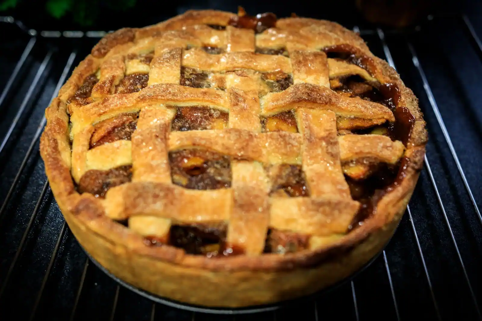 Tarte aux pommes à croisillons dorée dans son moule, posée sur une grille à la sortie du four.