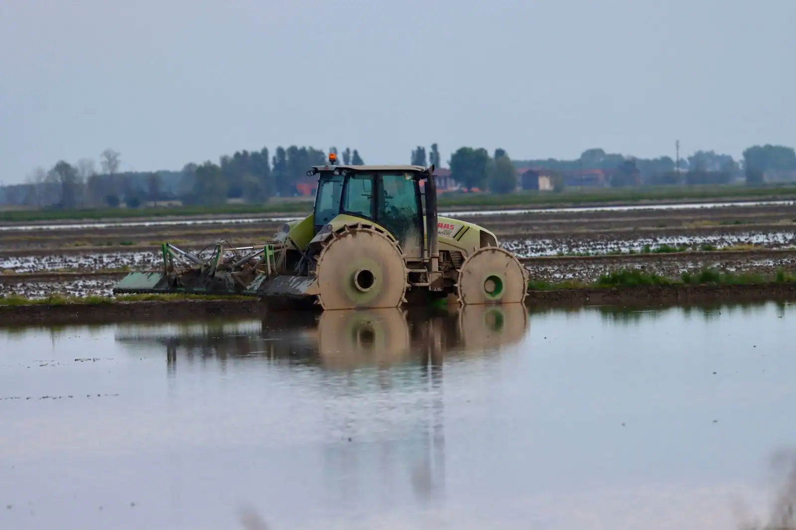 Tracteur à roues cages au travail dans une rizière inondée de la plaine du Pô, en Italie du Nord.